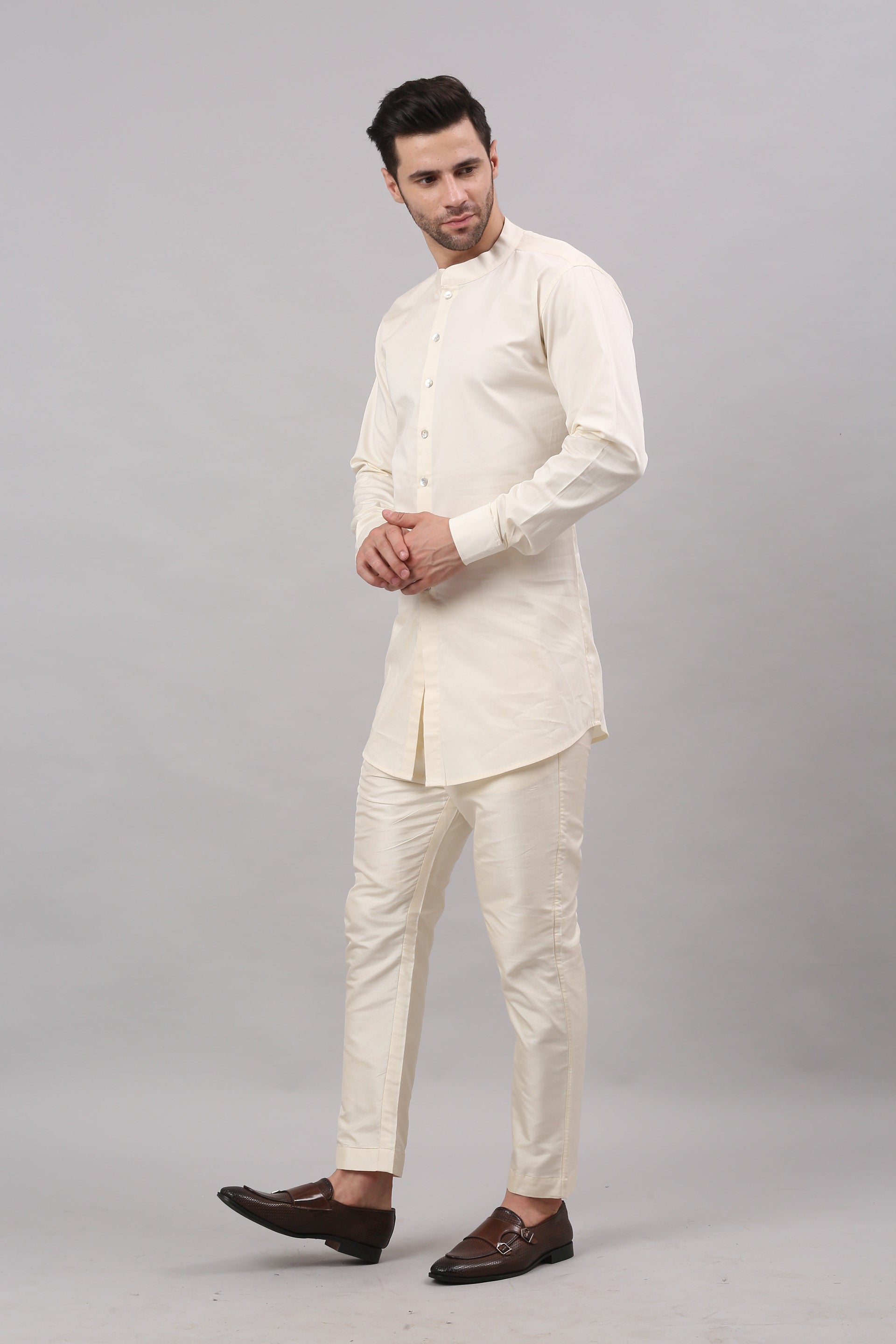 Cream Nehru collar printed jacket Set