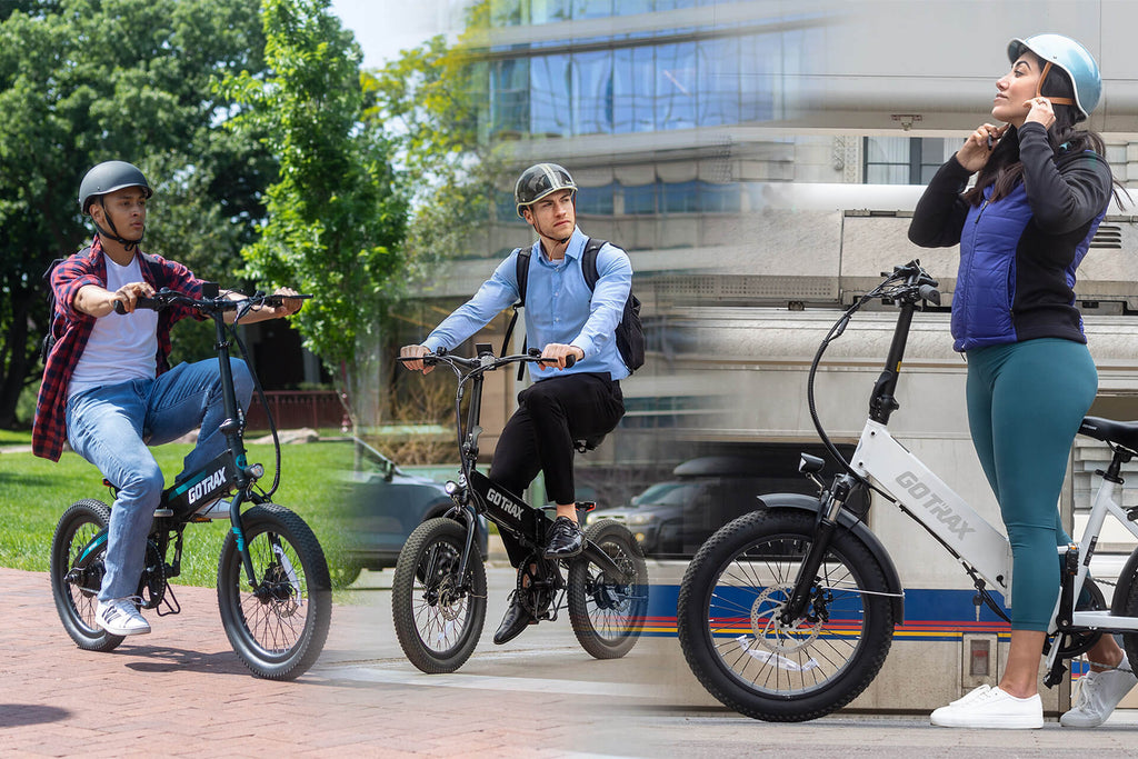 People riding a GOTRAX R1, F1, and F2 Folding Electric Bikes at different parts of a City