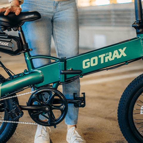 A closeup of the GOTRAX F1 V2 folding electric bike focusing on the battery.