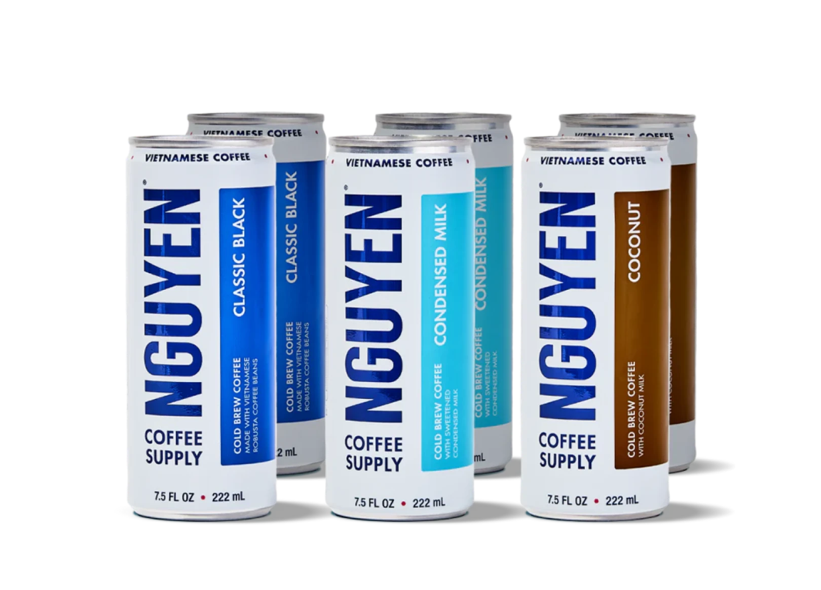 Cans of Nguyen Coffee Supply Vietnamese cold brew coffee in various flavors.