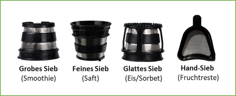 Slow Juicer Siebe Feines Sieb (Juice Saft) Grobes Sieb (Smoothie) + Glattes Sieb (Eis/Sorbet), Hand-Sieb (Fruchtreste)
