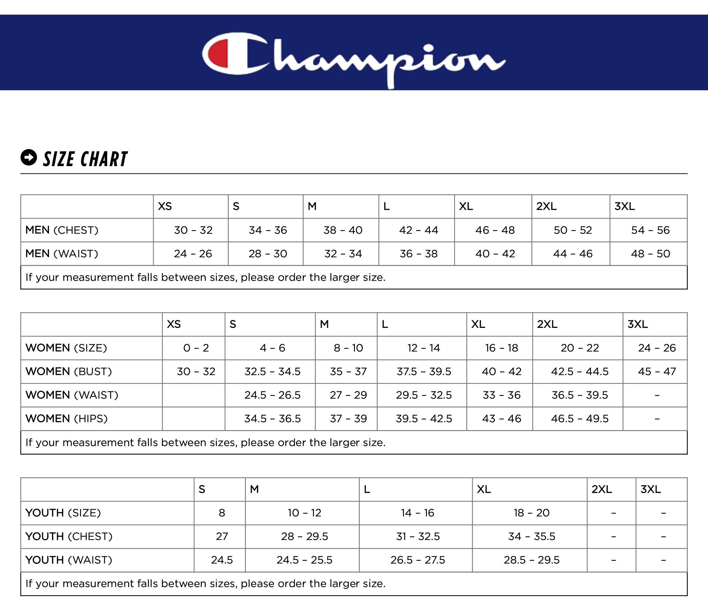 Champion Size Chart – The Original Manny's - Syracuse Team Shop