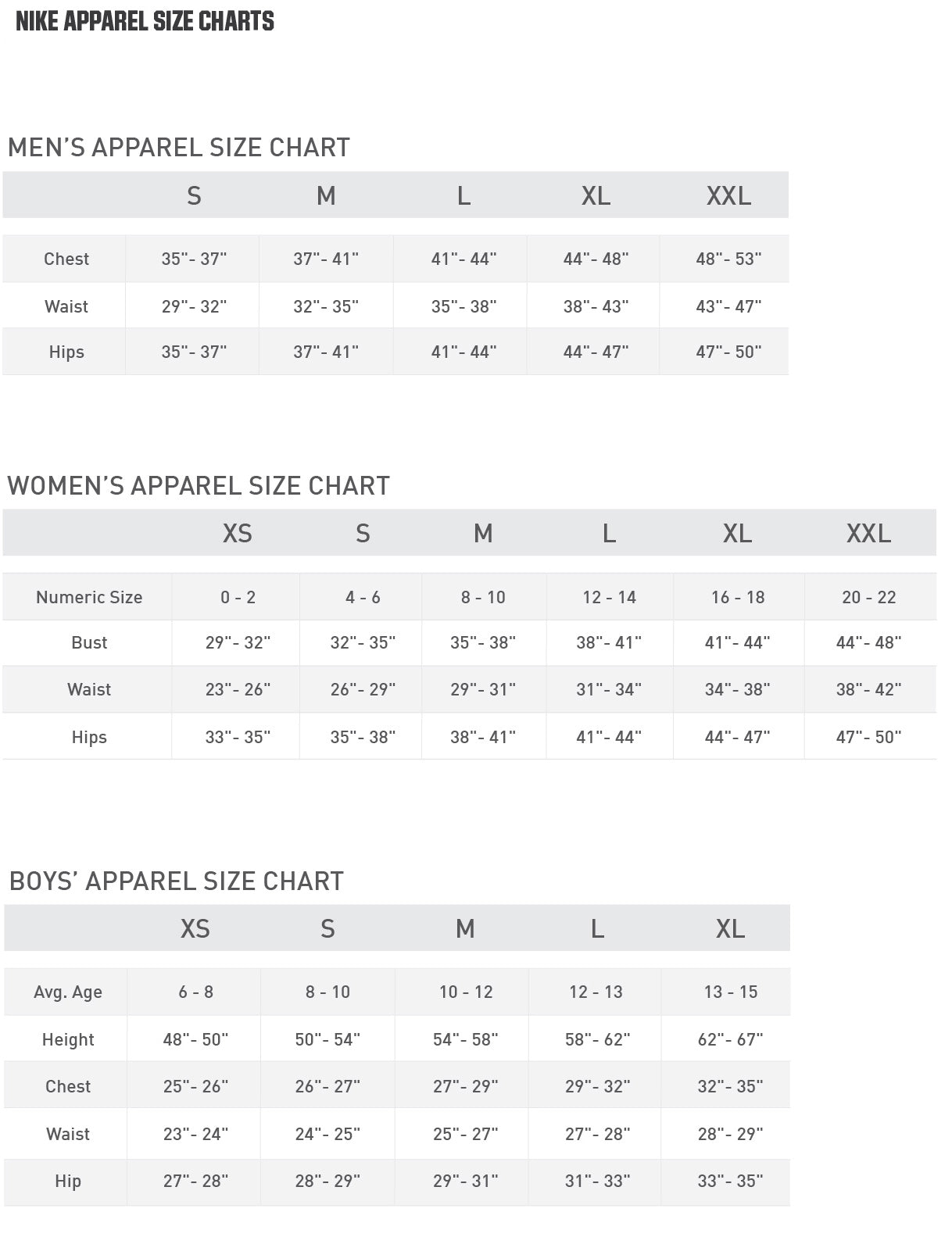 Nike Size Chart - Athletics Canada