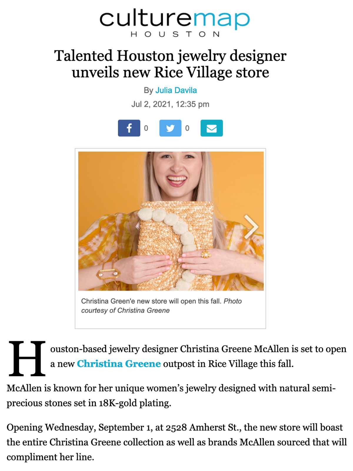 Press Clipping from CultureMap.com Announcing Christina Greene jewelry's new store in Rice Village, Houston, this Fall 2021