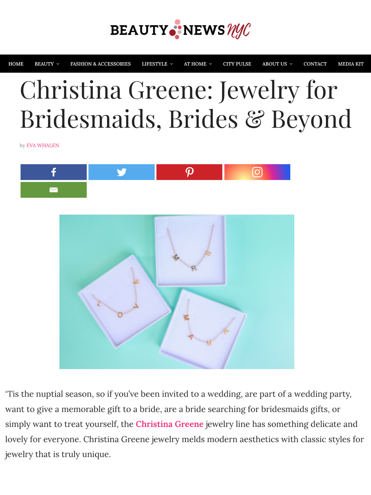 Screenshot of a blog post by Beauty News NYC about Christina Greene Jewelry's new MRS Necklace as a perfect gift for Brides and Brides-To-Be.