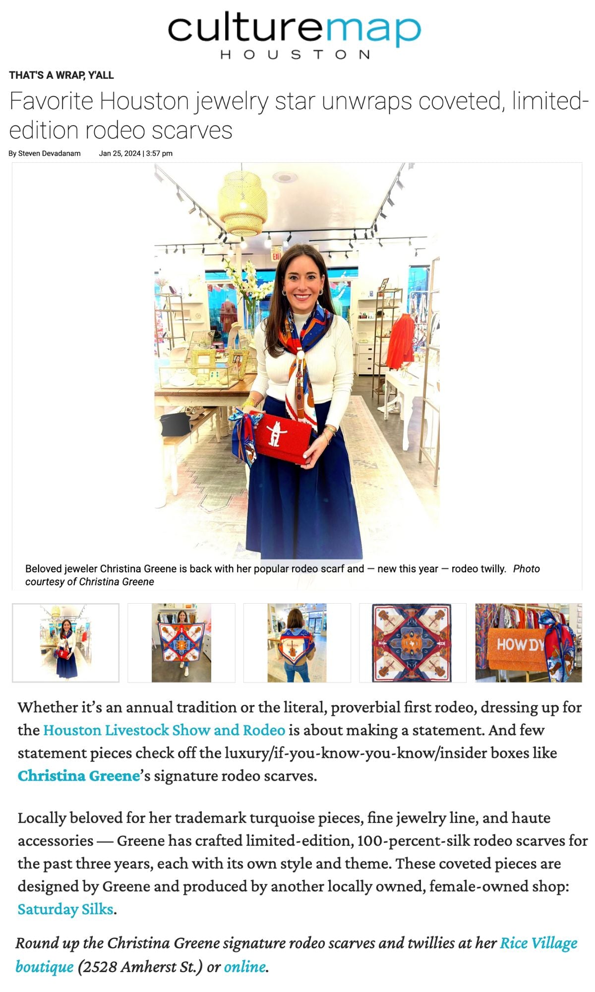 A photo of the CultureMap Houston article titled "Favorite Houston jewelry star unwraps coveted, limited-edition rodeo scarves"