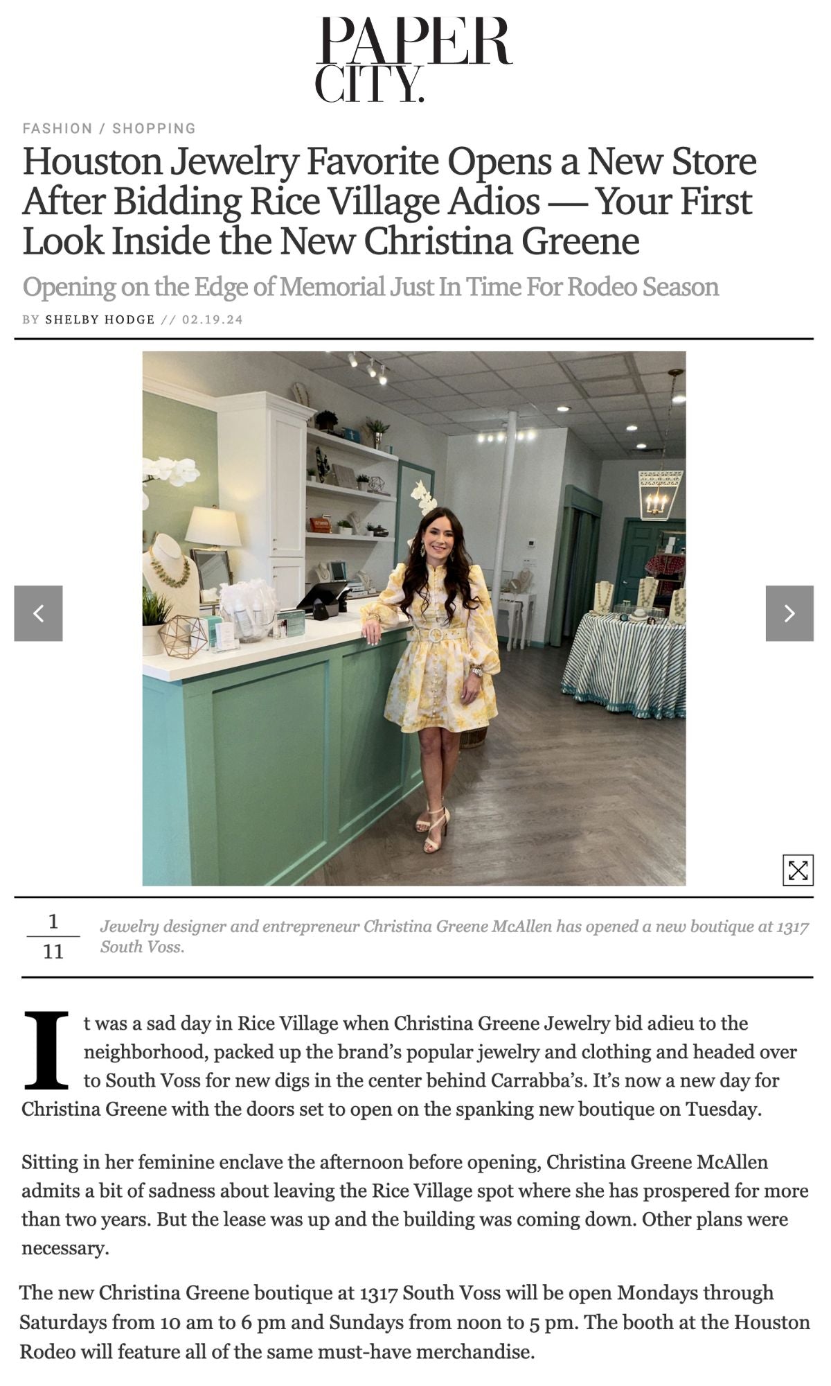 A photo of the article about Christina Greene's new location on Paper City's website