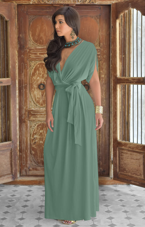 SAMANTHA - Formal Elegant Short Sleeve Flowy Belt Maxi Dress V Neck – GCGme