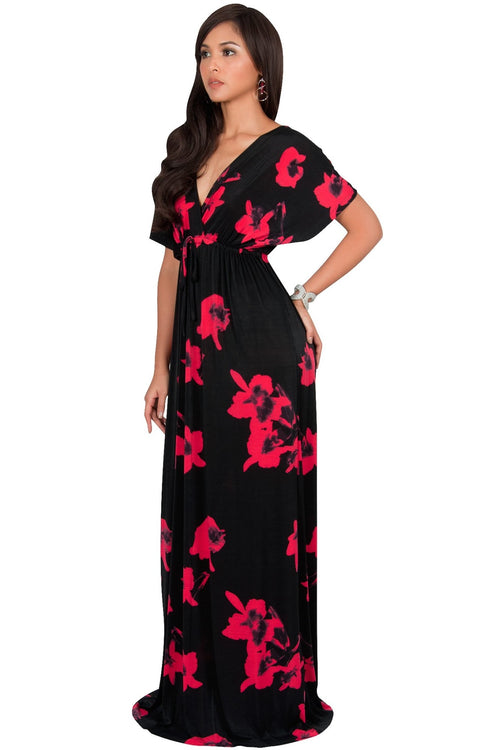 AMARYLLIS - Long Kimono Sleeve V-neck Floral Print Casual Maxi Dress ...