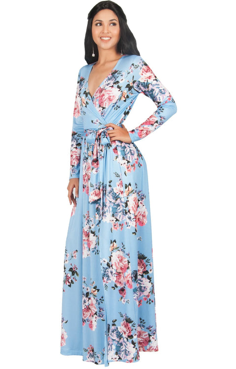 ELLAIZA - Long Sleeve Elegant Vneck Flowy Floral Print Maxi Dress Gown ...