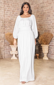 white flowy maxi dress with sleeves