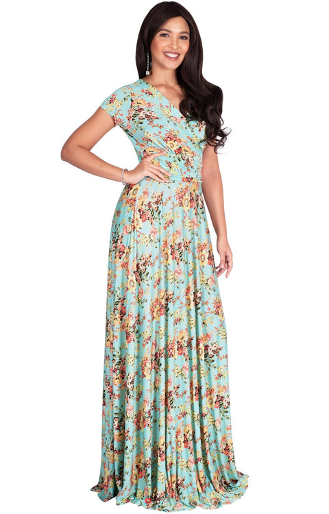 ISABELLA - Long Cap Sleeve Floral Print Flowy Maxi Dress Summer Gown ...