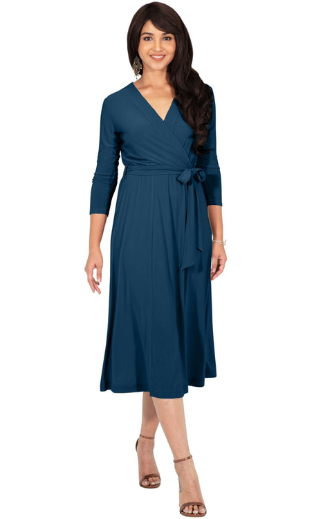 SARITA - Swing V-Neck 3/4 Sleeve Wrap Casual Knee Length Midi Dress#N ...