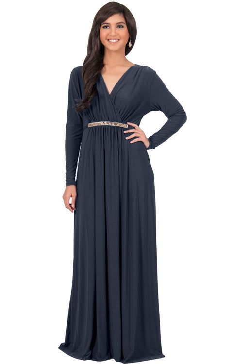 TIFFANY - Long Sleeve Kaftan Fall Flowy V-Neck Maxi Dress Gown Abaya ...