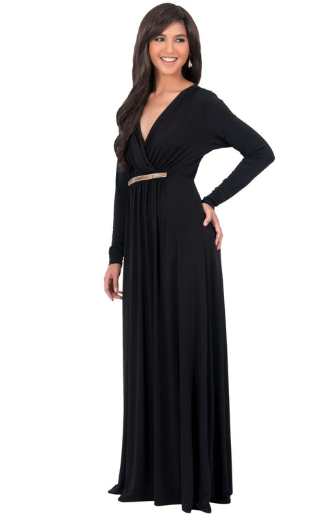 TIFFANY - Long Sleeve Kaftan Fall Flowy V-Neck Maxi Dress Gown Abaya ...