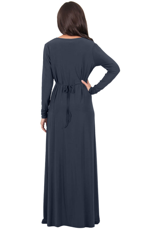 TIFFANY - Long Sleeve Kaftan Fall Flowy V-Neck Maxi Dress Gown Abaya ...