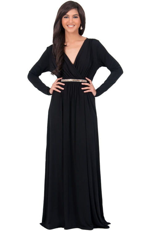 TIFFANY - Long Sleeve Kaftan Fall Flowy V-Neck Maxi Dress Gown Abaya ...