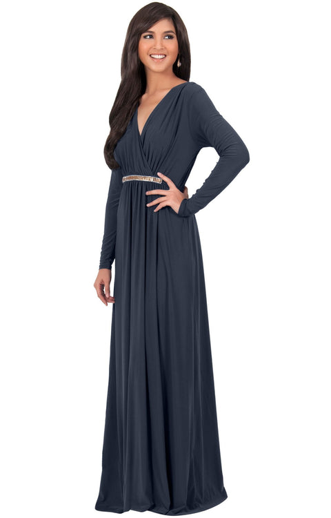 TIFFANY - Long Sleeve Kaftan Fall Flowy V-Neck Maxi Dress Gown Abaya ...