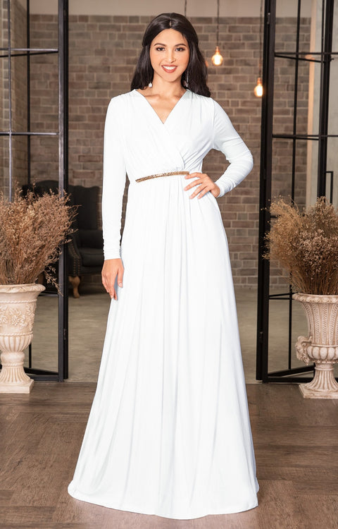 white flowy maxi dress with sleeves