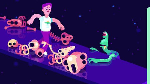 Human and Alien from "Kurzgesagt – in a Nutshell" YouTube show on a dark blue background