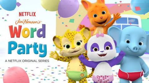 Characters of a "Word Party" Netflix show on a light background