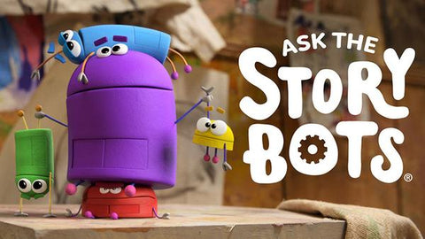 Characters of a "Ask_the_Storybots" Netflix show on an blurred background