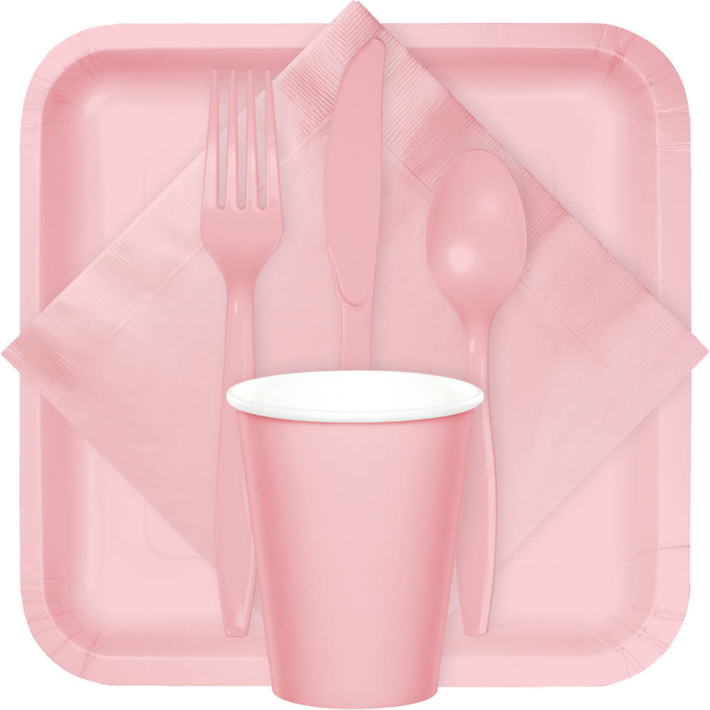 Bulk Hot Pink & White Disposable Tableware Kit for 48 Guests