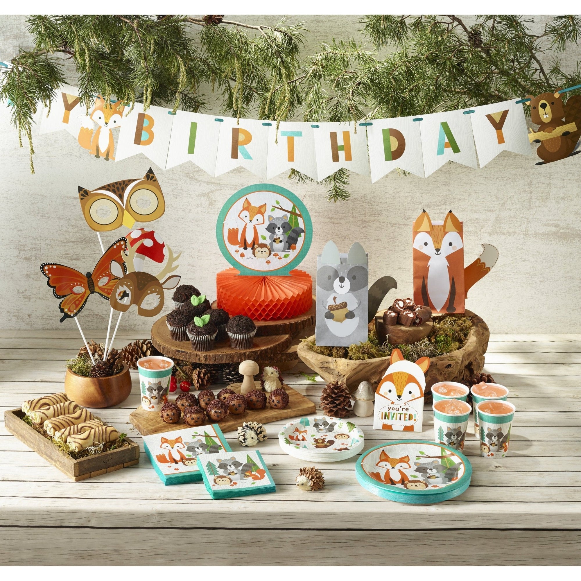 Woodland Animal fox Party Kids Birthday Party Boxes Bags Bottle Labels Cake  Topper Straws Glitter Centerpiece