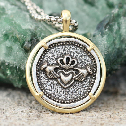 Rustic Round Claddagh Pendant Necklace