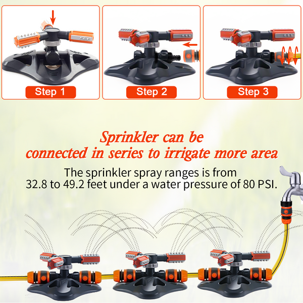 Garden Lawn Yard 3-Arm Sprinkler, Butterfly Rotary Automatic 360 Rotating, w/ 6 PCS Sprinkler Accessories