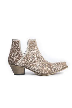 Western Moxie Hand-tooled Booties, White Chocolate - Cares & Whoas