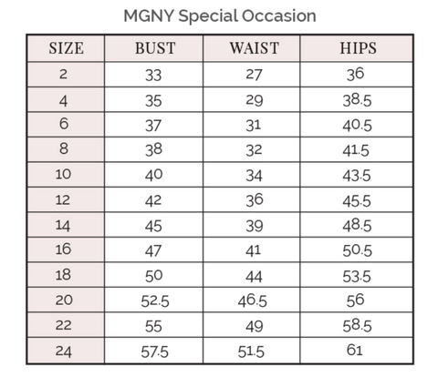 MGNY by Morilee Size Chart