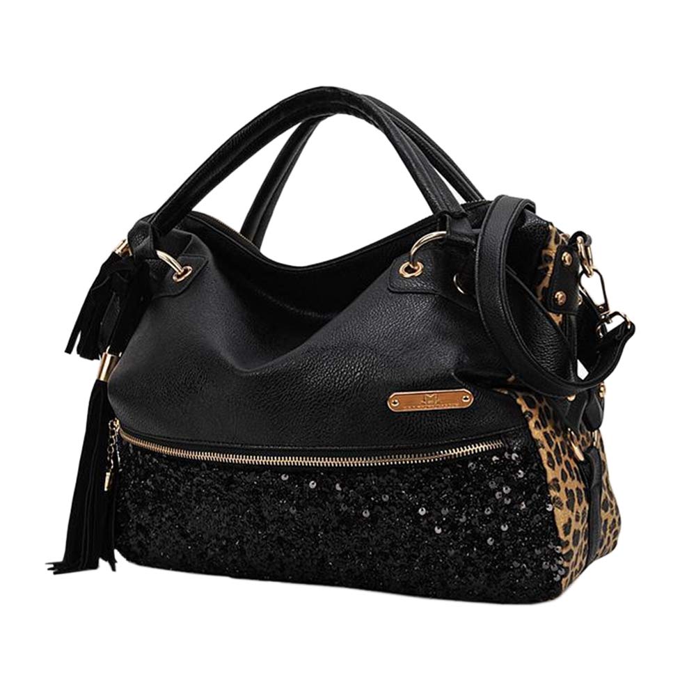 black handbag with leopard print