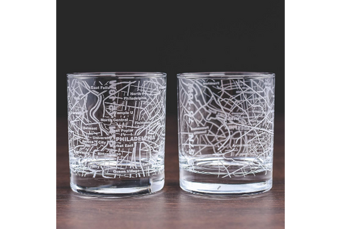 Philadelphia Etched Street Grid Whiskey Glasses