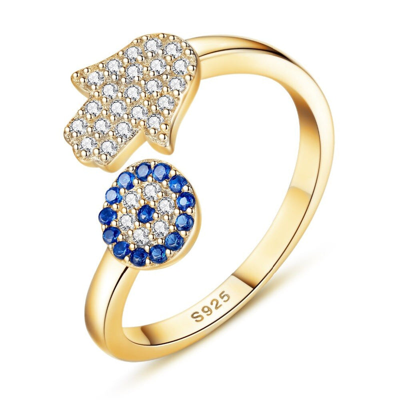 TONGZHE 925 Sterling Silver Evil Eye Ring Blue Eye Hamsa Hand Fatima Adjustable Female Rings Open Ring Women Wedding Jewelry