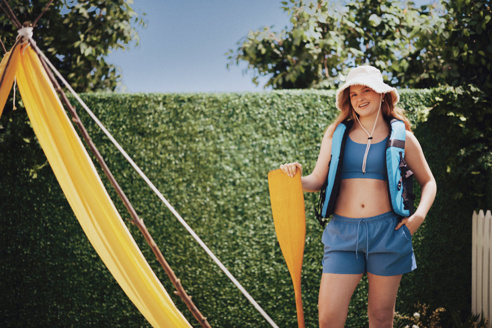Double Scoop Bikini Top and Teen Period Swim Board Shorts in Thistle display: full