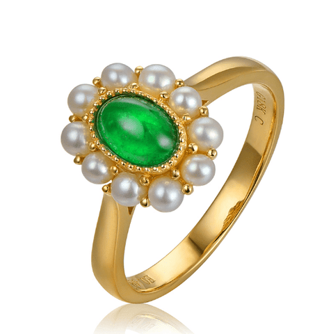 14K Yellow Gold 0.48ct Emerald & Pearl Vintage Ring - medusa jewels