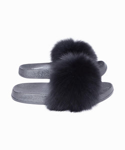 Black Furry Pom Pom Slides, Black Fur 