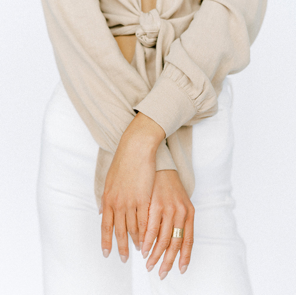 14k gold wide hammered band. Adjustable ring made with recycled 14k gold. Modern ring style for everyday.