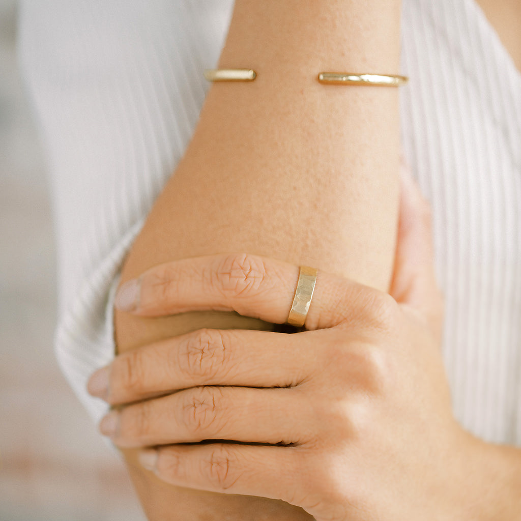 Narrow adjustable 14k gold overlay ring with a hammered finish. Made with recycled gold. Modern and timeless adjustable gold ring. This ring is stackable.