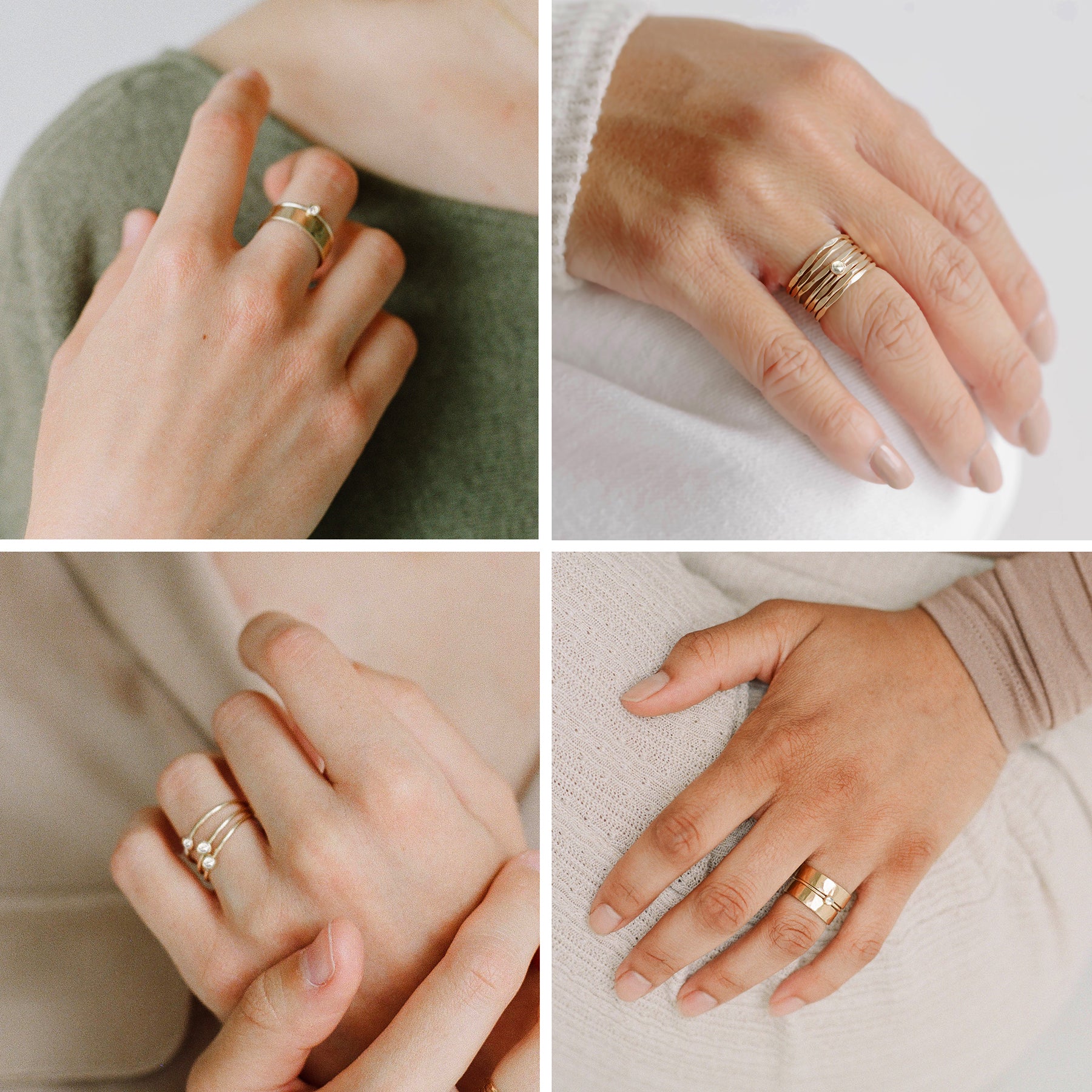 Stacking ring inspiration. Recycled gold rings made with pearls, white topaz and gold. Thin delicate rings.