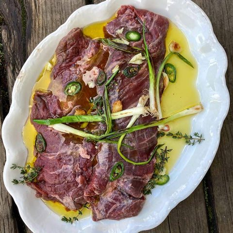 Marinated and Grilled Buffalo Flank Steak with “Caesar” Butter, Morels –  Jackson Hole Buffalo Meat