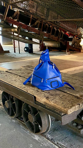 leather backpack art deasign blue handmade