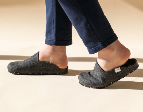 sustainable merino wool felt and recycled cork clogs