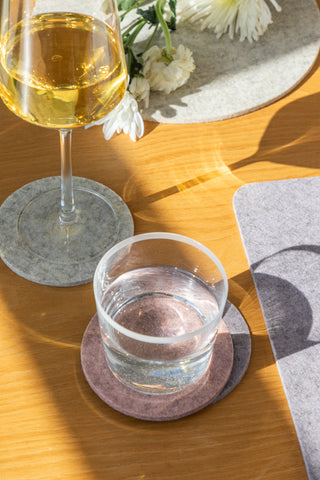 Merino wool felt coasters in fun colors, absorbent coasters under wine glasses and drinks