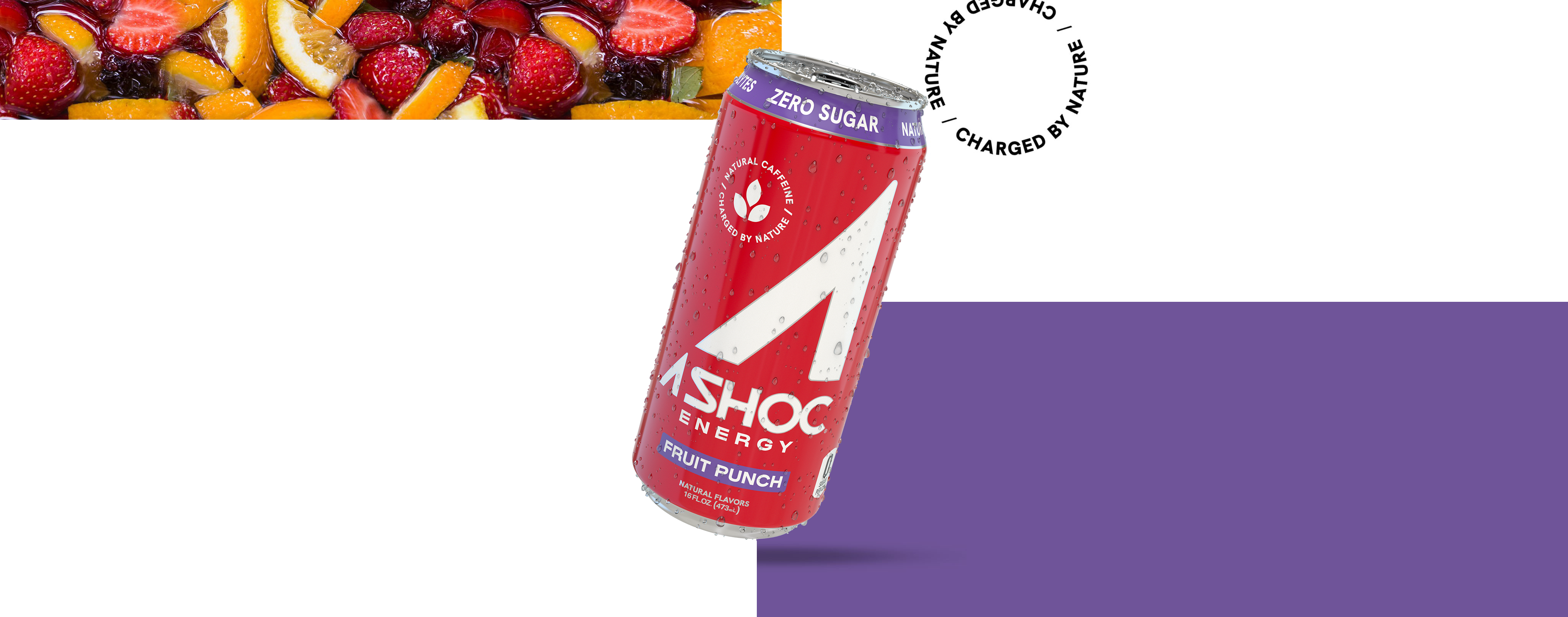 A red can with purple and white lettering that says zero sugar, natural caffeine / created by nature, Ashoc performance energy, Fruit Punch.