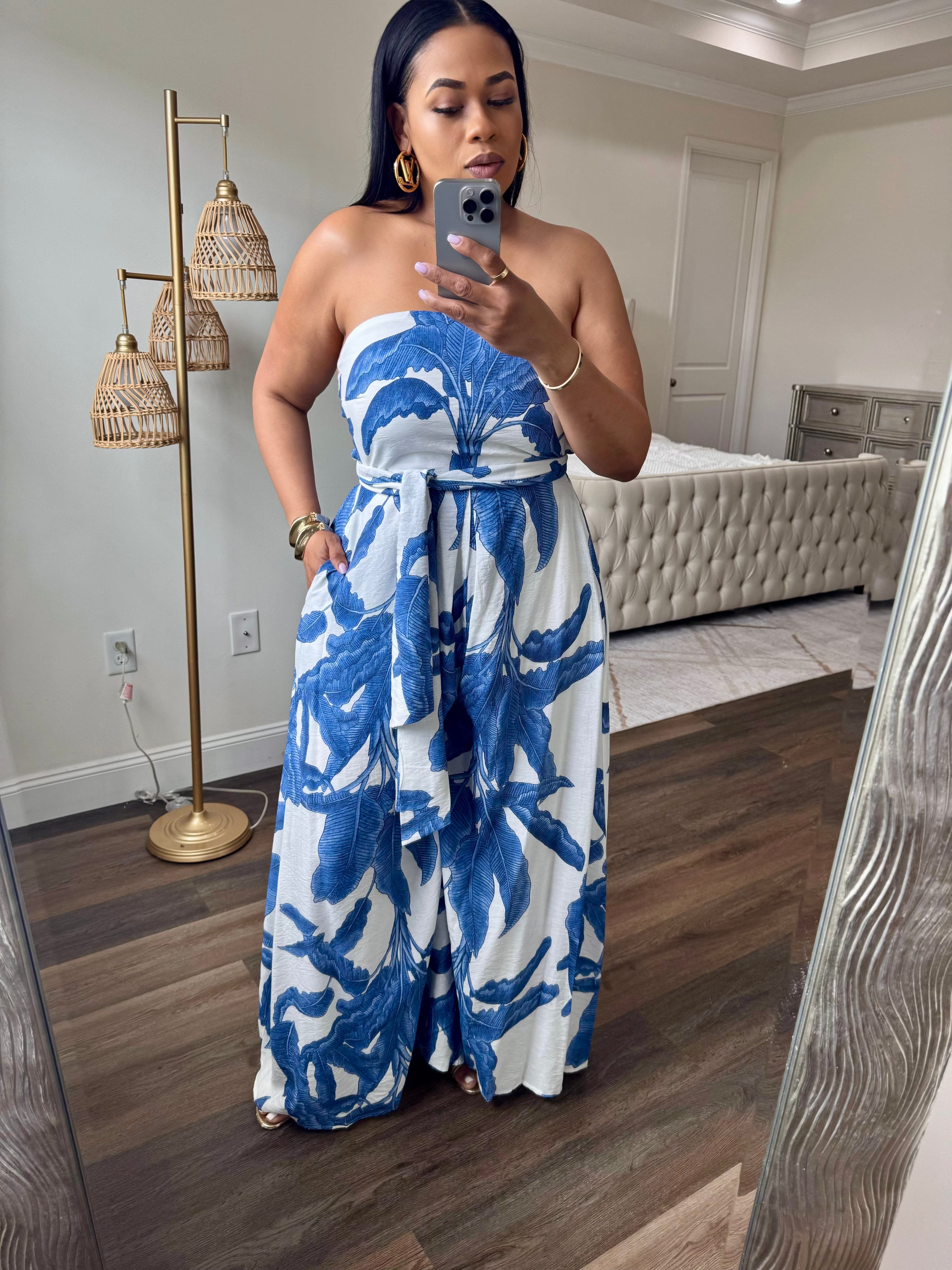 Printed Tie-Back Jumpsuit (Blue & White)