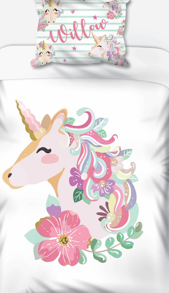 Unicorn White Personalised Name Duvet Set Hello Wondr