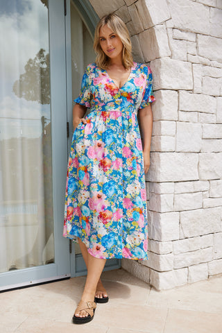 blue v-neckline short sleeve with flounce flowy a-line midi skirt floral dress