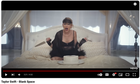 Taylor swift wearing a lingerie while carrying a knife and having a cake in front